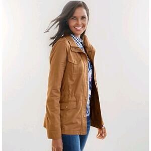 Talbots Safari Jacket Womans XS Camel Brown Twill Cotton Stretch Utility Outdoor